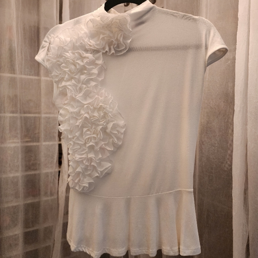Gracia White Mock Neck Ruffled Blouse